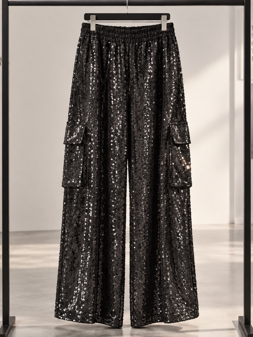Anthropologie Sequin Wide-Leg Cargo Pants — Black